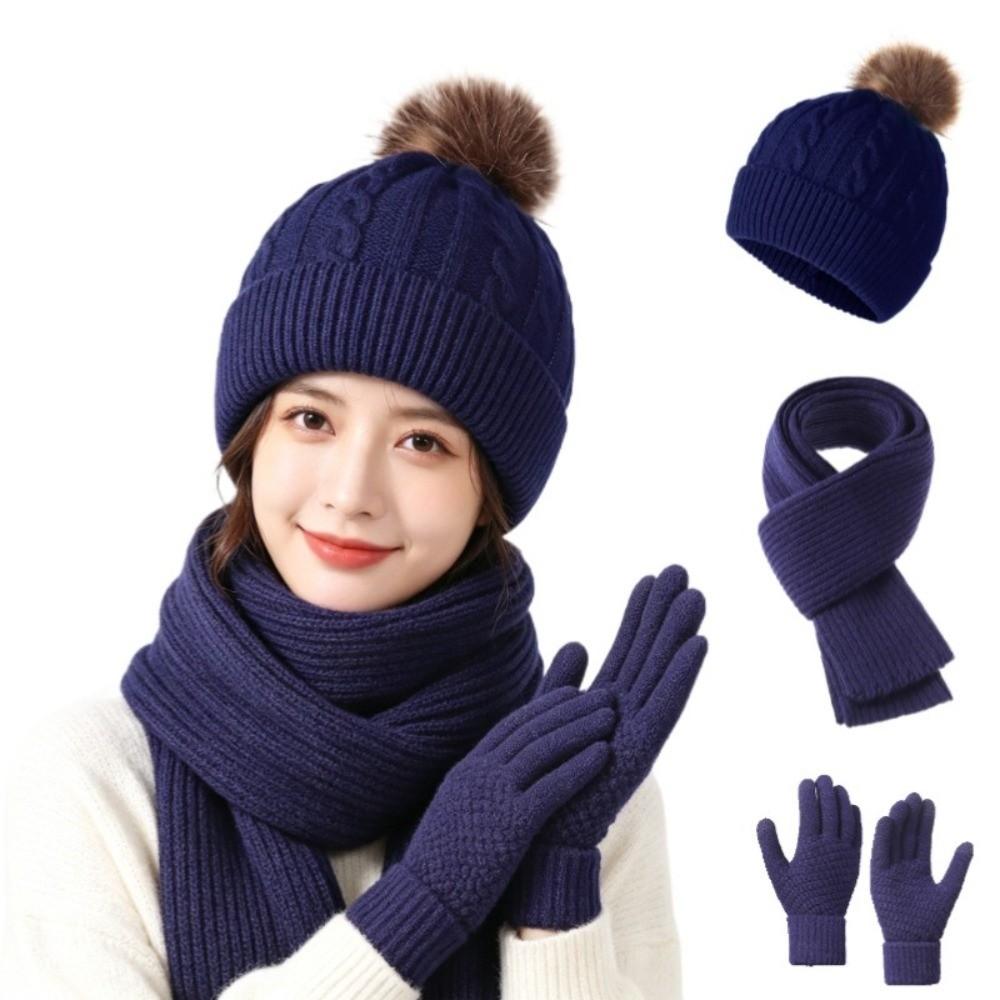 3Pcs/Set Woolen Hat Cold Proof Knitted Scarf Fashion Scarf Hat Gloves Set Cycling