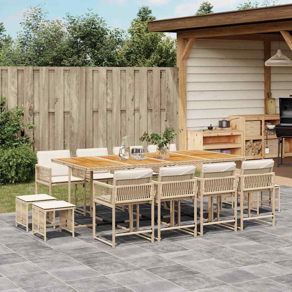 13 Piece Outdoor Dining Set with Beige Cushions Poly Rattan