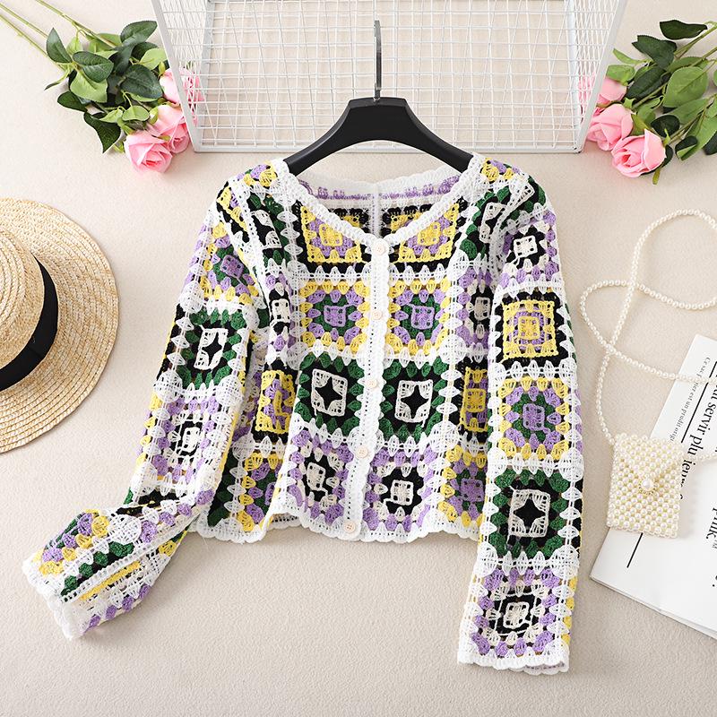 Retro Chic V-Neck Crochet Cardigan - Women's Lightweight Long Sleeve Summer Top