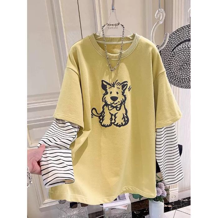 Plus Size Cartoon Striped Long-Sleeve Two-in-One Women's T-Shirt