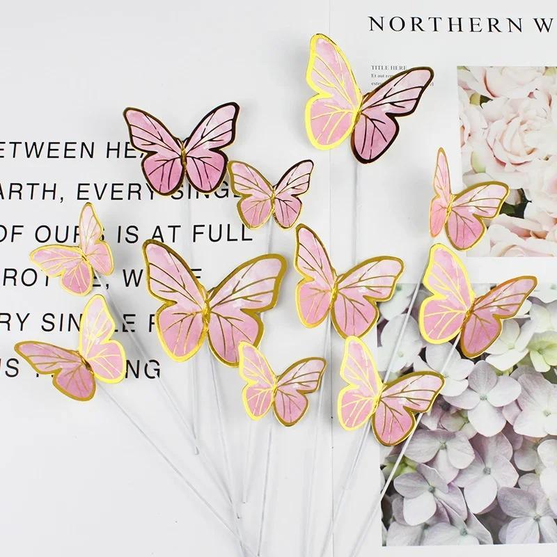 10 Pcs Baking Tools Colorful Gilts Edged Butterfly Topper Happy Birthday Cake Decoration Wedding Bride Dessert Party Decor Tools
