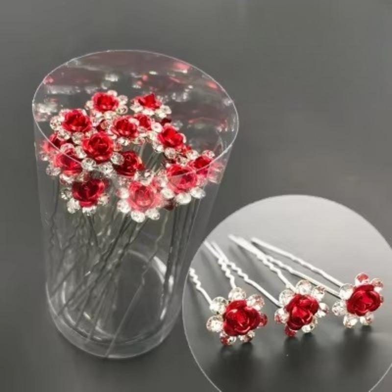 20Pcs/set Women U-shaped Hair Fork Pin Crystal  Rose Flower Hair Clips Rhinestone Hair Stick Wedding Bridal Jewelry Headwear Gift