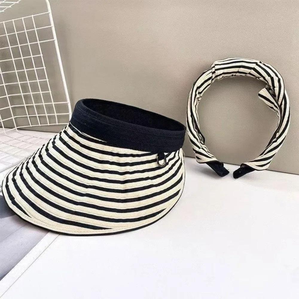 Yiran Dayang Hat Women's Simple Foldable Sun Visor Hat Striped Pattern Wide Brim Sun Hat Uv Protection Breathable Empty Top Cap Summer