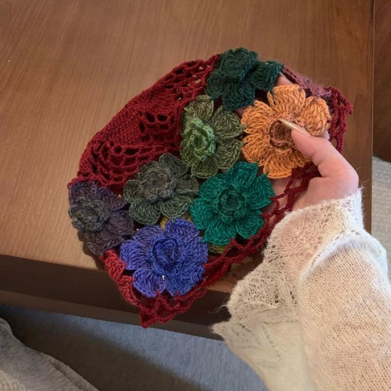 Women's Japanese-style Sweet Ethnic Style Hand-knitted Hat Spring Summer Thin Breathable Head Wrap Hat Colorful Floral Earflap Hat