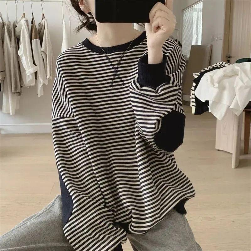 Women's Spring and Fall Loose Round Neck Sweatshirt Plus Size Head Set Striped Age Reduction Jacket