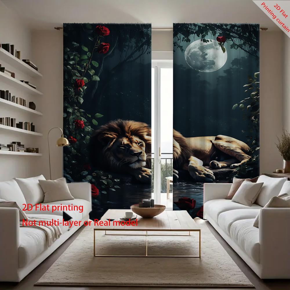 

2 шт. домашние шторы с цифровой печатью с рисунком льва и растения, цветочным узором, с пейзажным фоном и шторной лентой, для кухни, ко 75x166cm
