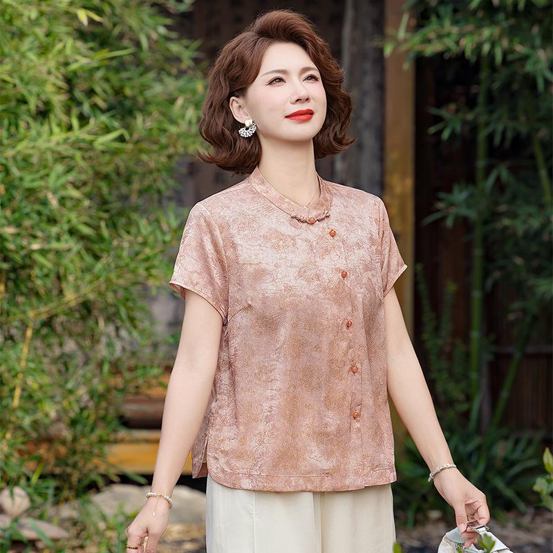 

Women s Summer Silk Tang Suit Shirt - Vintage-Inspired Round Neck Cardigan for Middle-Aged and Elderly 5XL (72.5-77.5 kg)