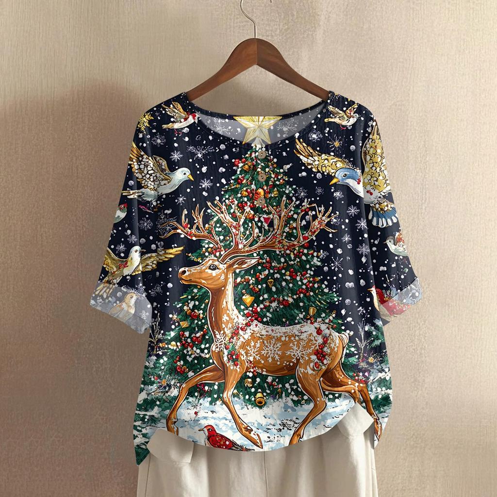 Women's Fashionable And Casual Shirt Half-sleeve Round Neck Print Cotton And Linen Blouse Top