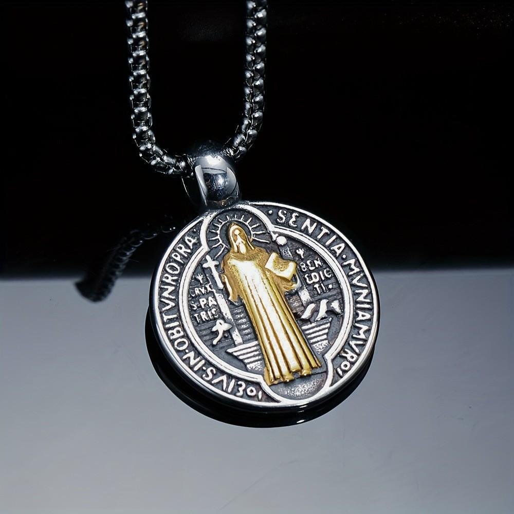 Jesus St. Benedict Pendant Necklace Vintage Round Double Sided Pattern Faith Necklace Ornament