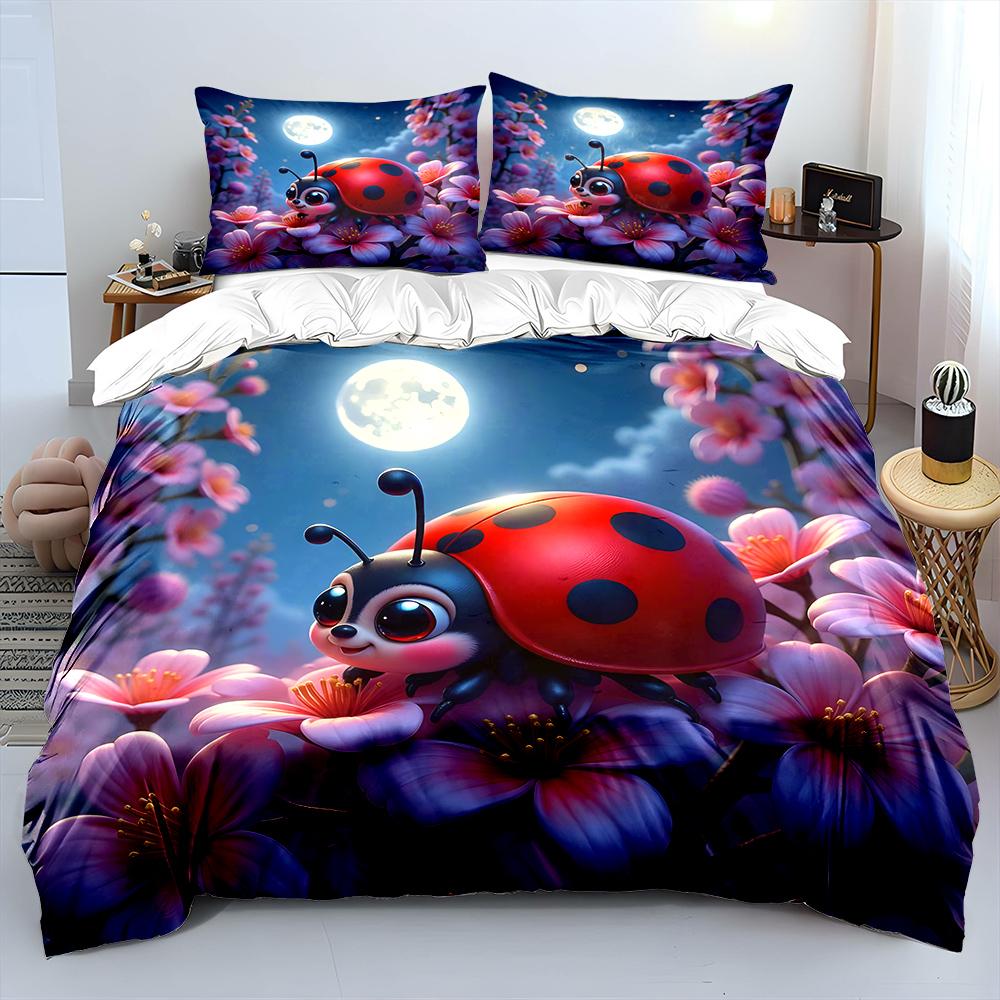 Ladybug On Cherry Blossoms Moonlit Night Pattern Duvet Cover Set Digital Print Colorful Polyester Bedding With Zipper Closur