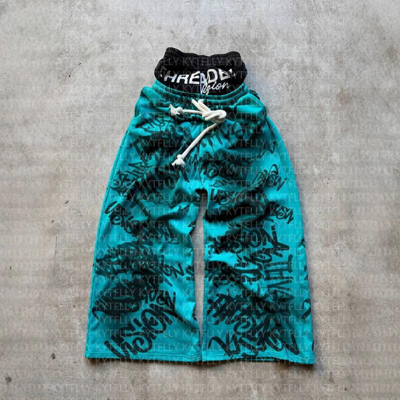 European and American hip-hop printed fake two wide leg pants