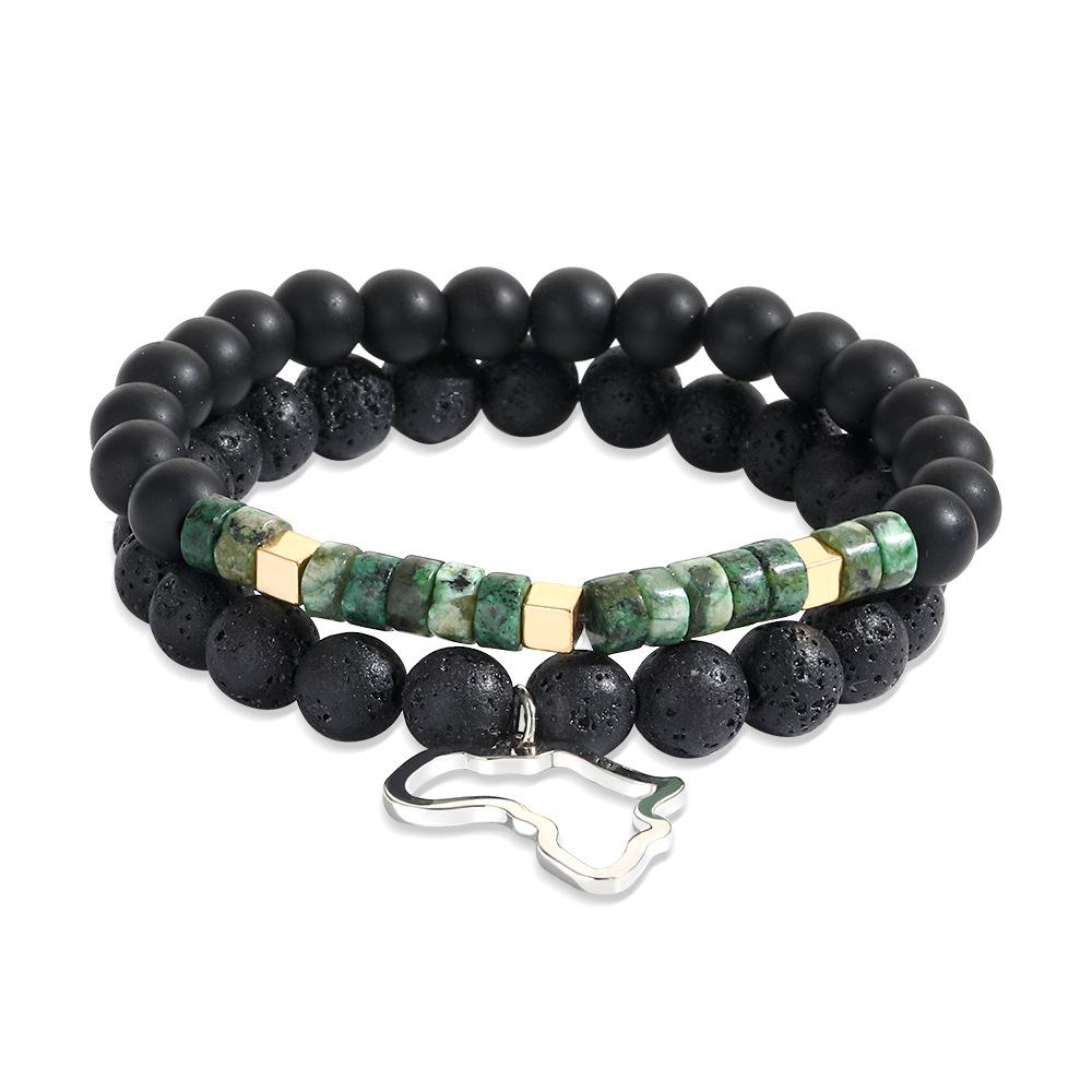 New Men's Beaded Bracelet Set, Map Stone Black Gallstone Cross Bracelet Elastic Bracelet Combination