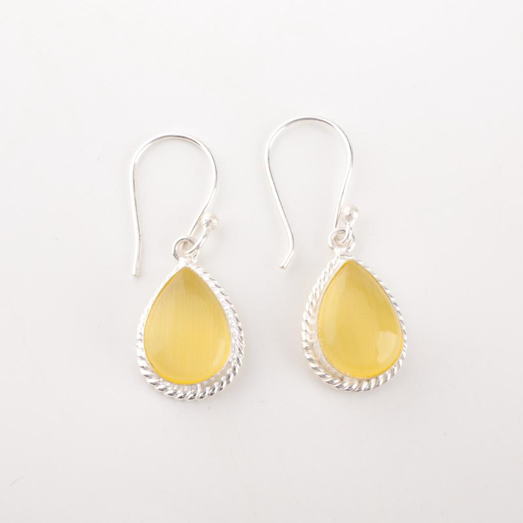 Yellow Cat's Eye Gemstone 925 Stamped Silver Jewelry Stylish Earrings 1.40" Gift EE-9-44
