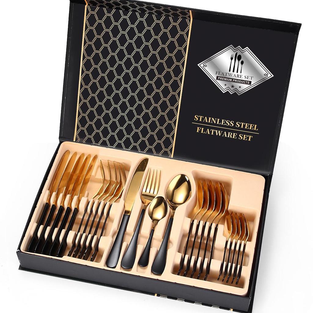 24-Piece Gold Stainless Steel Cutlery Set with Knife, Fork, Spoon & Household Storage Rack In Gift Box
