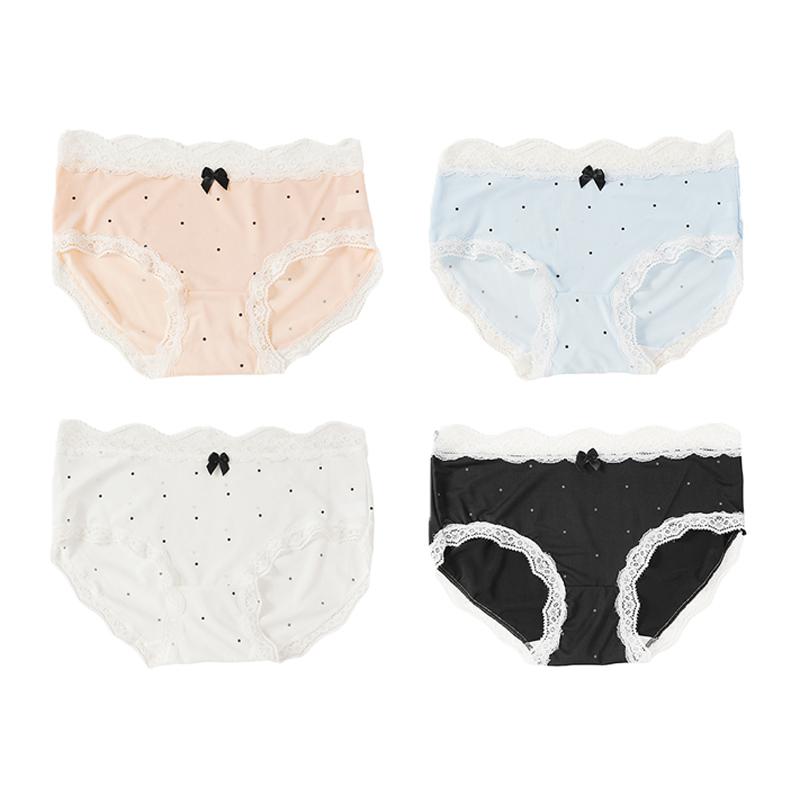 4PCS Women's Lace Panties M-XL Thin Sexy Ice Silk Briefs Dots Breathable Underwear Female Soft Intimates
