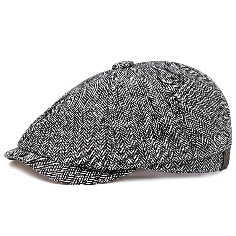Men Herringbone Grid Newsboy Hat Autumn Winter Warm Diamond Check Retro Beret Hat Hip Hop Octagonal Caps