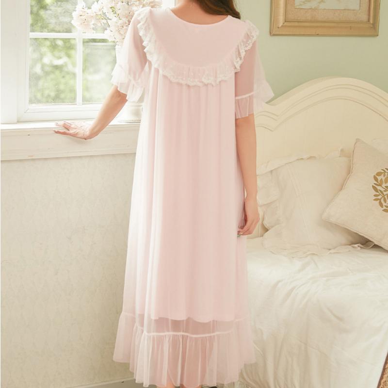 Síťované pyžamo Dámské s výstřihem do V Korejský Vintage Krajkový Elegantní Princezna noční košile s krátkým rukávem Domácí oblečení Midi šaty