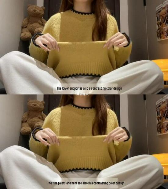 Women's Grey Color Block Loose Knit Sweater - Korean Style, Round Neck, Soft & Cozy for Autumn/Winter