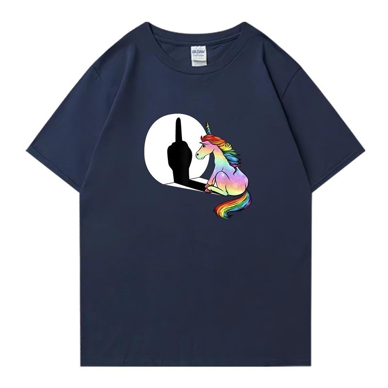 

2025 Мода Единорог Средний Палец Хип-Хоп Оверсайз футболка 100% Хлопок футболка с коротким рукавом Круглый вырез Унисекс Летняя одежда L