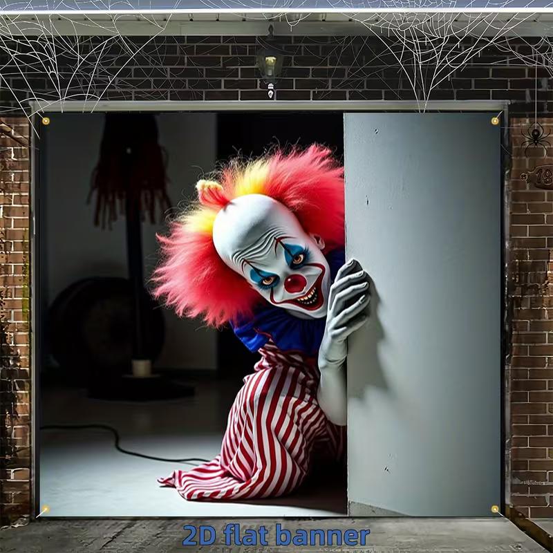 

2D Creepy Killer Clown Banner, Spooky Halloween Garage Door Background 47.2x31.5inch/120*80cm