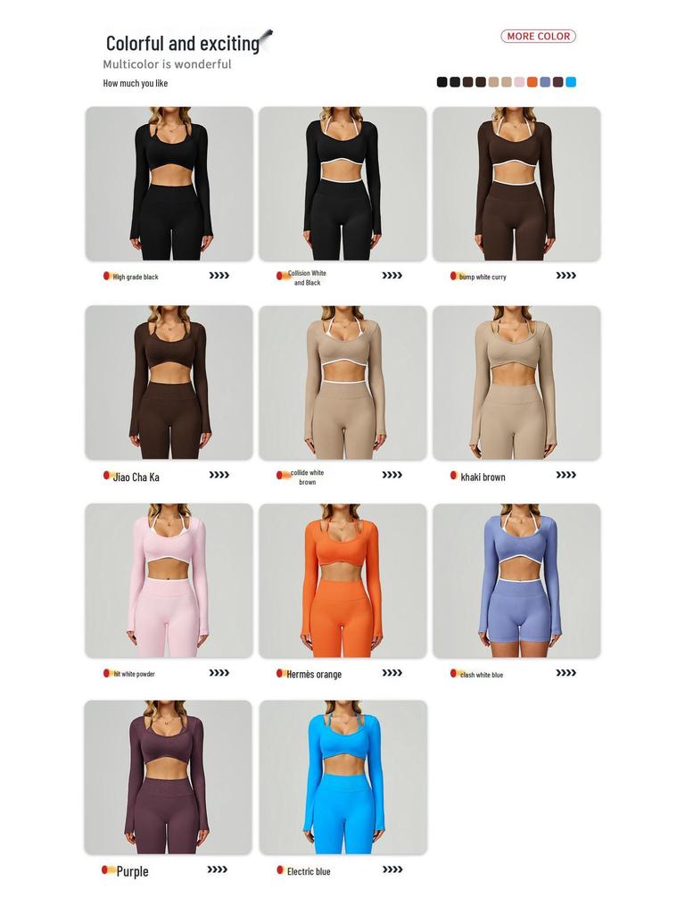 Sömlös Color Block Tvådelad Långärmad Cropped Yoga T-shirt för Löpning & Fitness