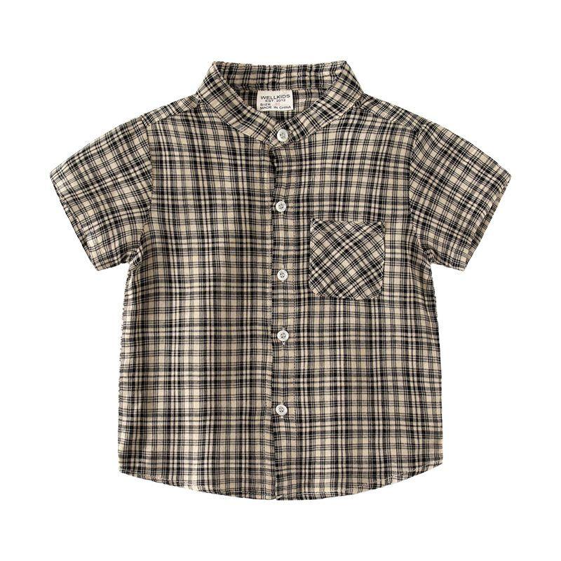 Children's Clothing Summer Boys' Stand Collar Short Sleeve Plaid Shirt Kids Casual Pocket Shirt Baby Boys' Half Sleeve Tops