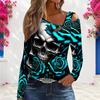 Women Plus Size Asymmetric Cutout Neck Cold Shoulder Fitted Long Sleeve Top Fire Motorcycle Printed Orange Black