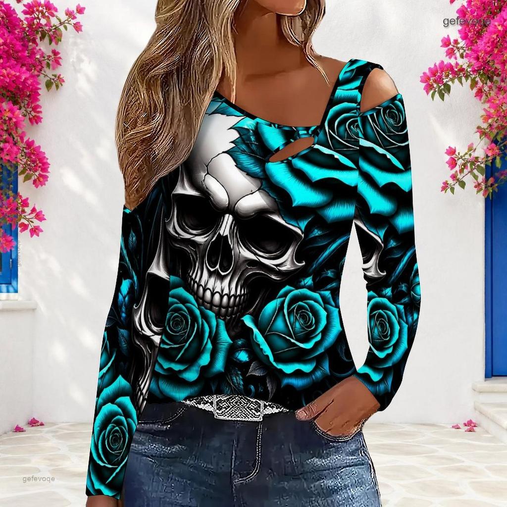 Women Plus Size Asymmetric Cutout Neck Cold Shoulder Fitted Long Sleeve Top Fire Motorcycle Printed Orange Black