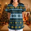 Women's Christmas Print V-Neck Short Sleeve Uniform with Pockets Loose Fit