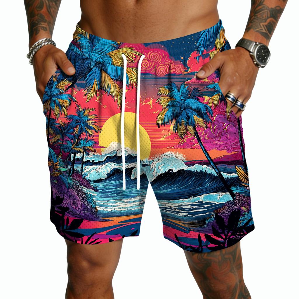 Men's Casual Hawaiian Print Drawstring Shorts Lightweight Quick Dry Beachwear Five Inch Inseam Swim Trunks with Pockets