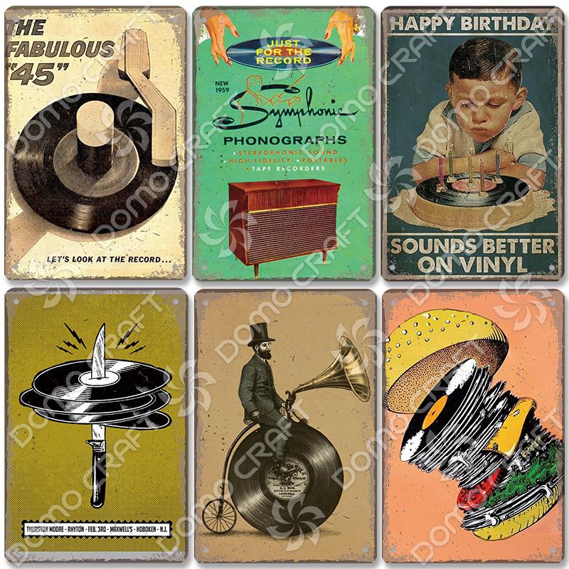 Retro Plakat Muzyczny Metalowe Tabliczki Blaszane Płyta Winylowa Fonograf Metalowa Plakietka Dekoracja Ścienna Vintage do Kawiarni Baru Pubu Salonu Domu