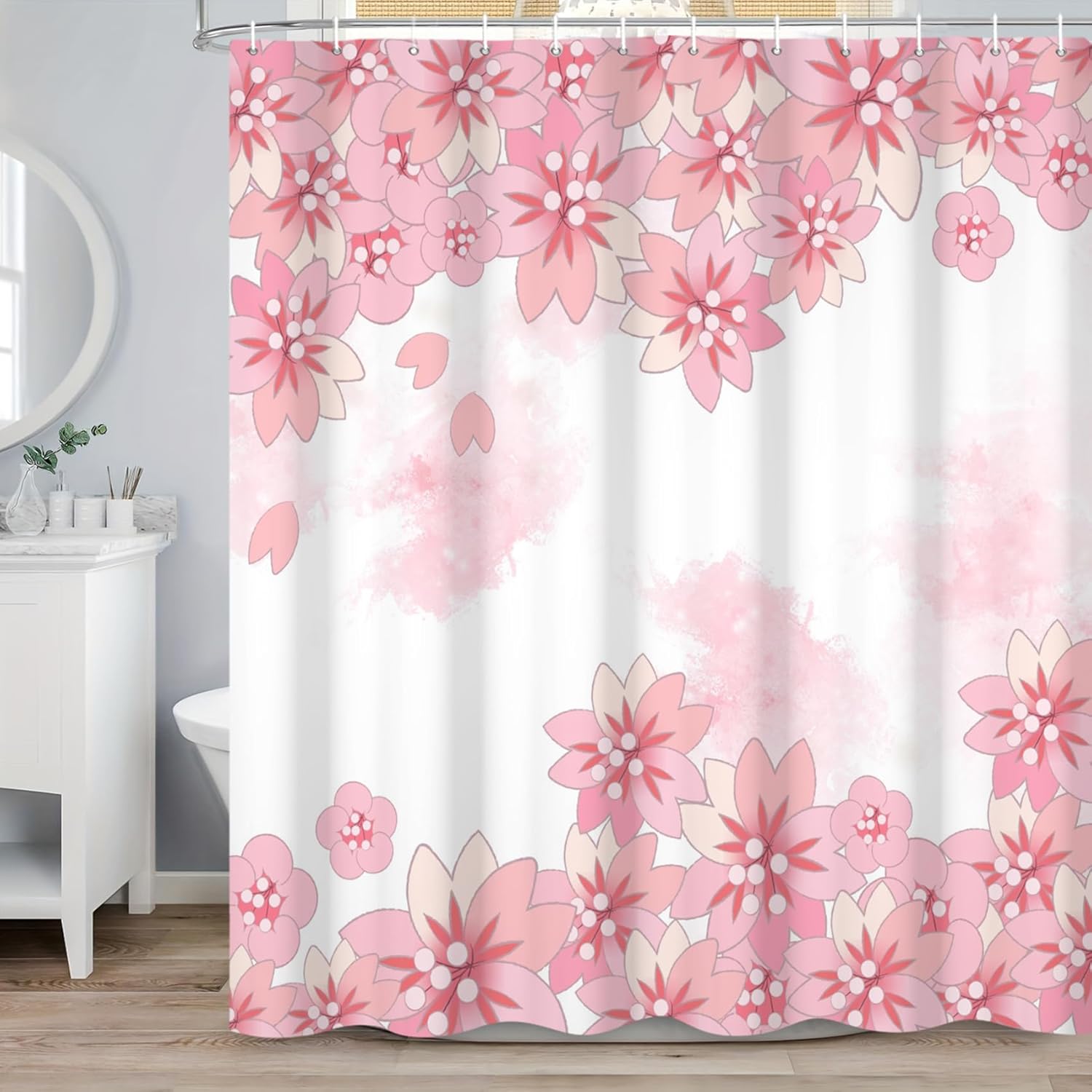 71x71 Inch Watercolor Pink Cherry Blossom Shower Curtain Dreamy Floral Petals Abstract Art Decor with Hooks 90x180cm35x71in