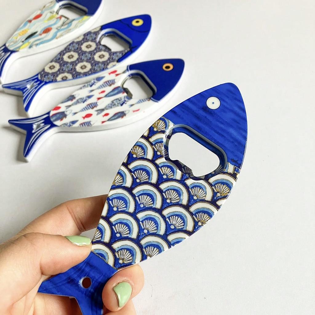 Blue Fish Bottle Opener Fridge Magnet with Blue Eye Foil Embossed Texture Dual Purpose Beer Top Opener Travel Gift For Friend