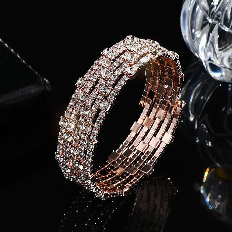 Claw diamond multi-row winding bracelet full diamond steel wire wide bracelet bride diamond-set opening elastic bracelet