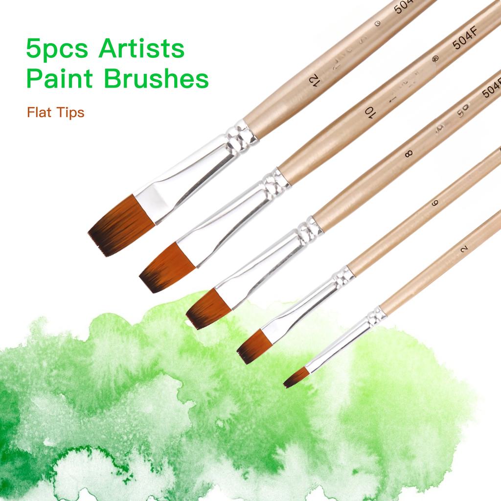 5pcs Flat Tip Paint Brushes Set Nylon Hair Wooden Handle Artists Paintbrushes for Children Adults Beginners for Acrylic Oil Watercolor Gouache Nail