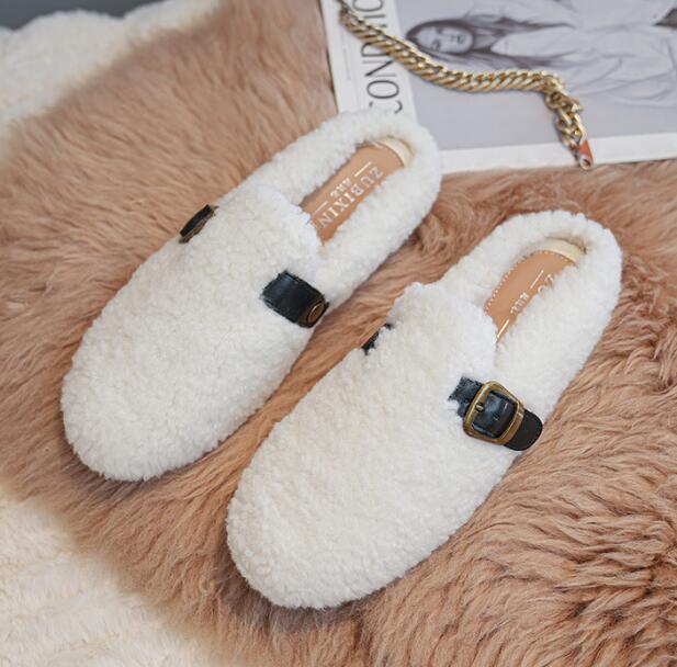 Fashion 2025 Women Belt Buckle Wool Pantuflas Shoes Flats Slip On Sheep Fur Slippers Ladies Home Slides Femmes Cotton Lambswool Mules