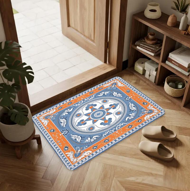 Mandala Flower Pattern Blue Orange Half Round Carpet Mat Rug Home Decoration Entryway Door Bohemian Vintage Non Slip Durable