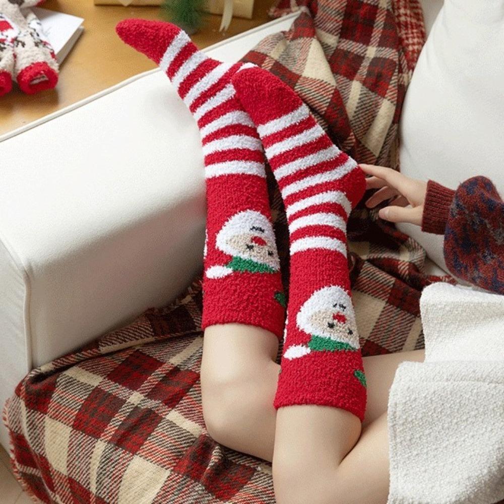 Snowflake Elk XmasTree Christmas Stocking Coral Fleece Thicken Floor Socks Fluffy Socks  For Women