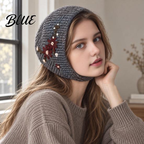 Windproof Warm Headwear Embroidered Knitted Headband Cap Vintage Soft Woolen Ear Versatile Street Photography Hat Warmer Floral Headwrap for