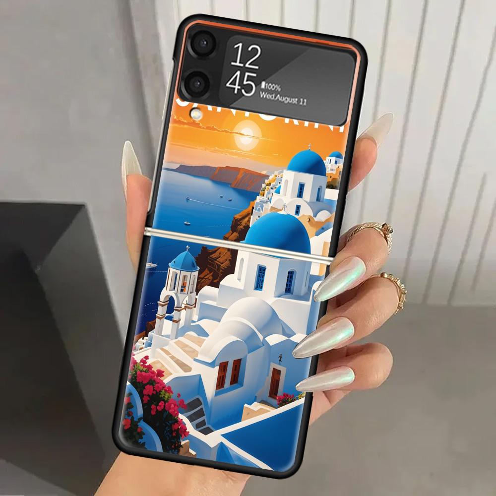 Griechenland Im Sommer Santorini Harte PC Handyhülle Für Samsung Galaxy Z Flip 7 6 5 4 3 Schwarz ZFlip7 ZFlip6 Flip5 Flip4 Flip3 5G Druck