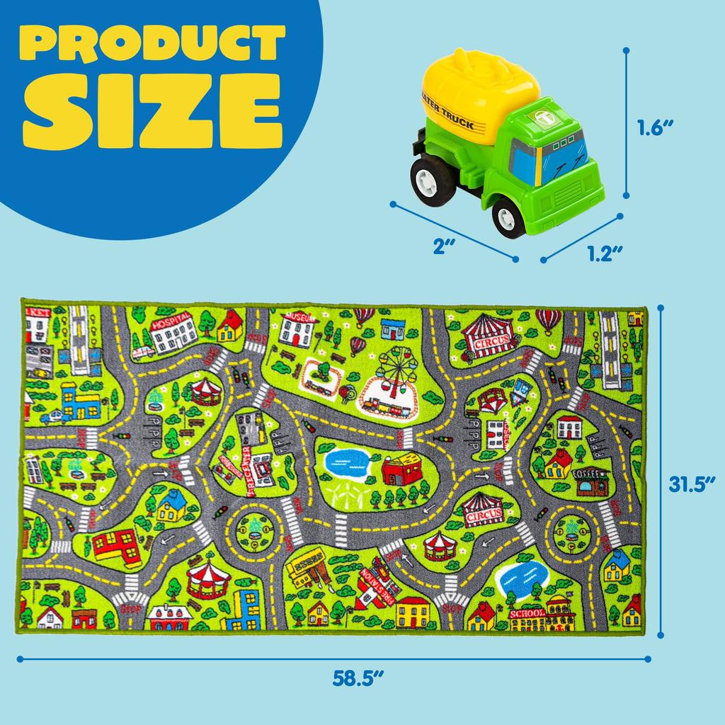 Joyfy Kids Play Rug With Durable 12 Pull-Back Vehicle City Car Track Playmat Rug for Kid Best Birthday Christmas Gift