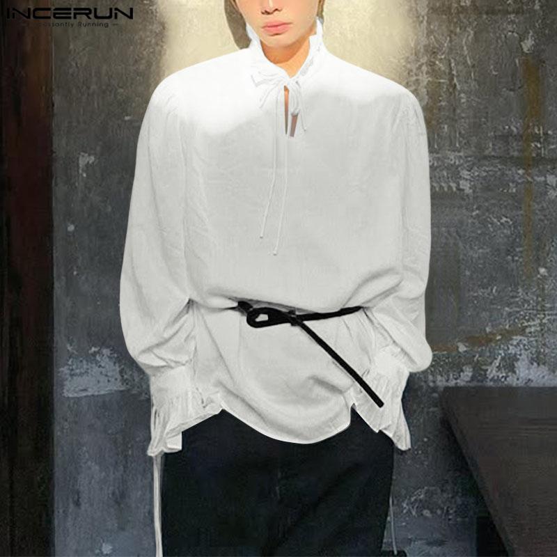INCERUN Men Stand Neck Lace-up Long Sleeve Casual Oversized Elegant Shirts