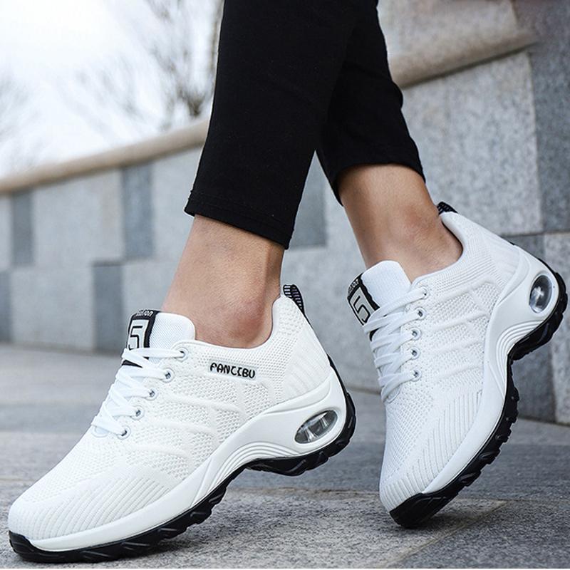 

Женские кроссовки, модные однотонные туфли на воздушной подушке, женские дышащие кроссовки на шнуровке, плетеные, с круглым носком, женские кроссовки для бега