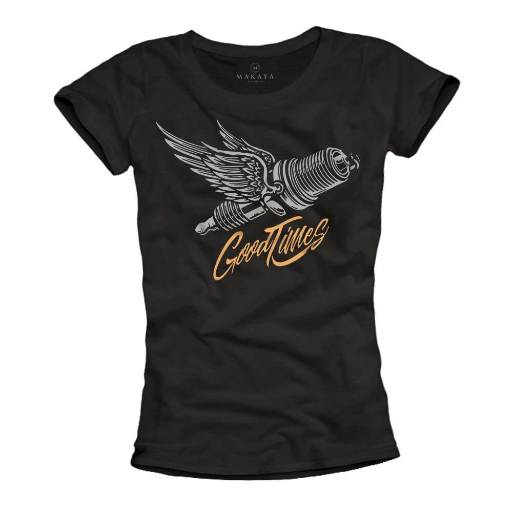Ladies Shirt Good Times Biker Motif Motorcycle T-Shirt Black Wings Summer Top- S
