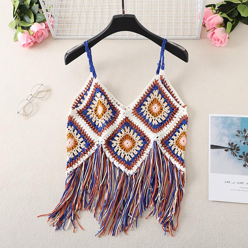 Summer Women's Camisole Ethnic Style Halter Pure Handmade Crochet Top Halter Bohemian Tassel Travel Holiday Vest