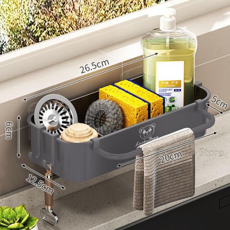 Wall Mount PP Plastic Kitchen Sink Drain Rack No Drill Sponge Soap Holder Slide Out Drip Tray Towel Hook Bathroom Organizer