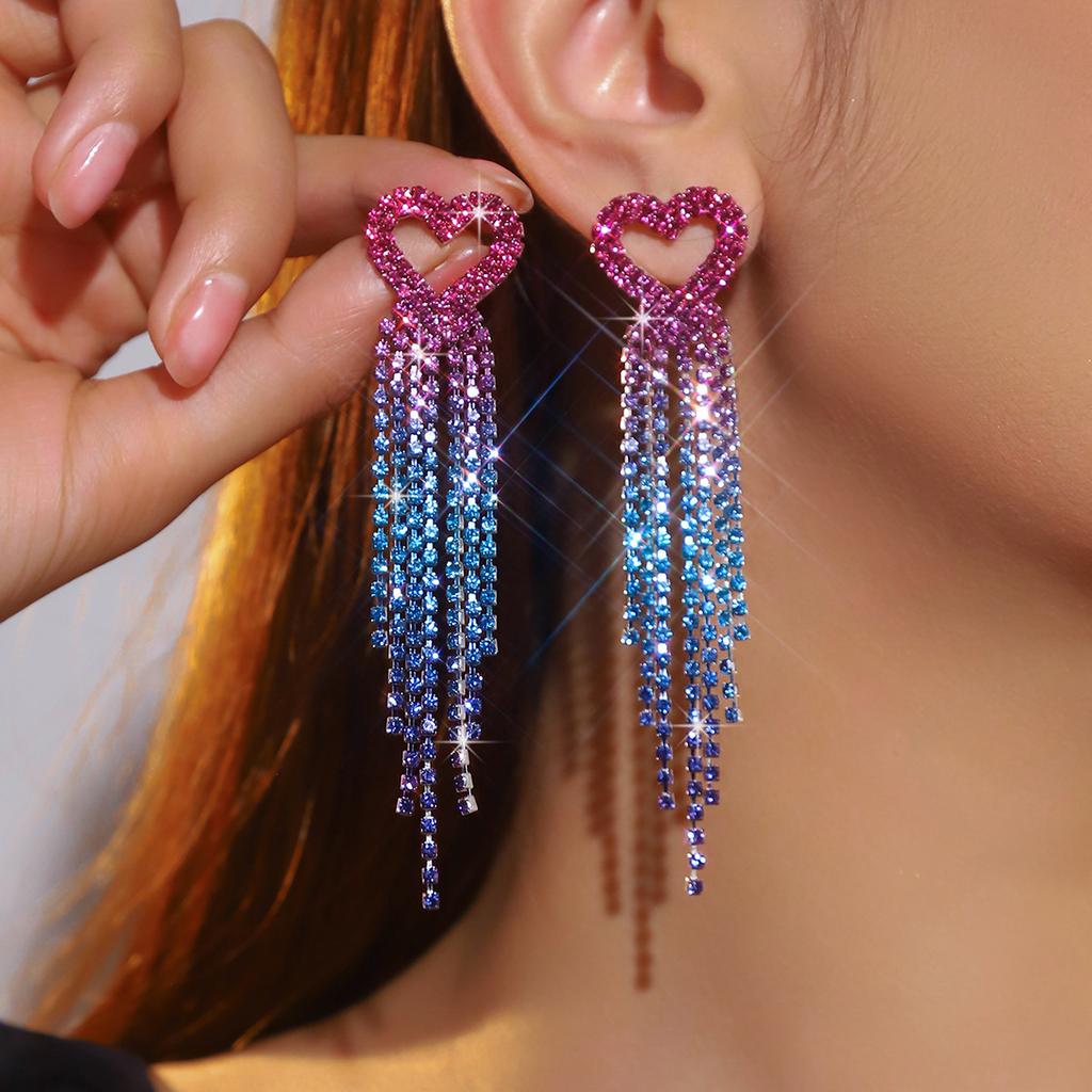 Premium Sense Shiny Crystal Long Heart-Shaped Tassel Earrings