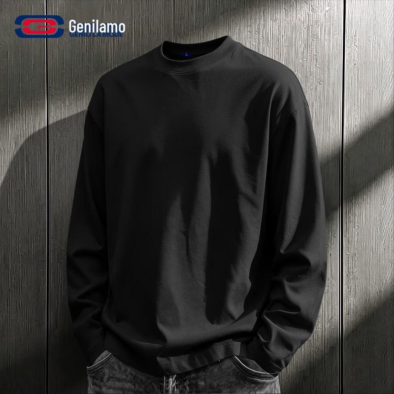 GENIOLAMODE Men's Heavyweight Cotton Long-Sleeve Crew Neck T-Shirt