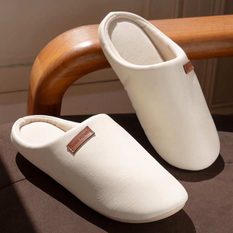 New Japanese-style PU leather silent home slippers autumn and winter couple home velvet warm non-slip cotton slippers