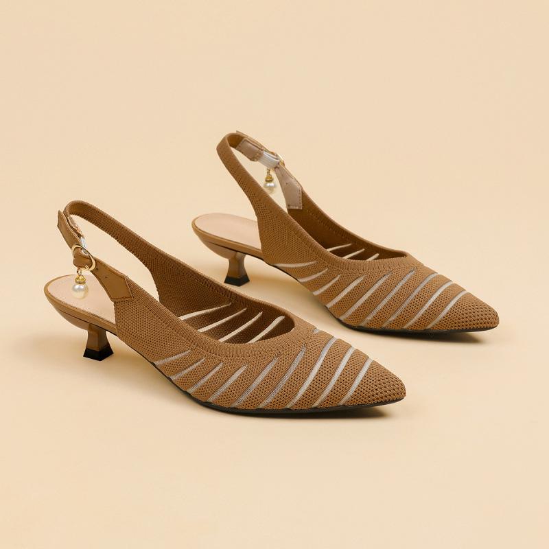 

Spring and summer new single shoes breathable woven pearl pendant empty pointed flying woven shoes thin heel back strap 40